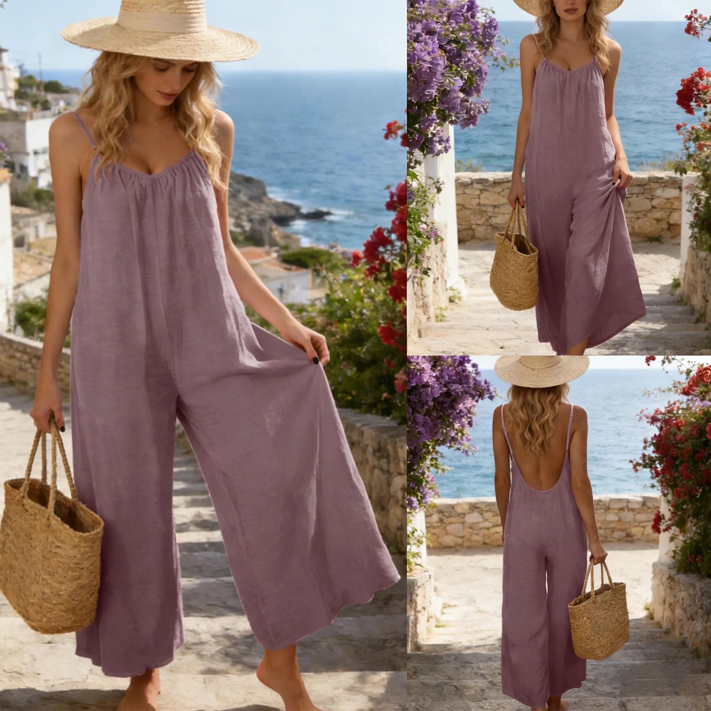 Tanming Women's Chic Sleeveless Spaghetti Strap Backless Tie-Back Long Wide-Leg Overalls Jumpsuits - Side Pockets, Casual Loungewear, Fashion Clothing, Stylish Wear, Women's Clothes, Rompers For Women