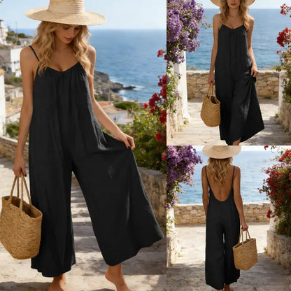 Tanming Women's Chic Sleeveless Spaghetti Strap Backless Tie-Back Long Wide-Leg Overalls Jumpsuits - Side Pockets, Casual Loungewear, Fashion Clothing, Stylish Wear, Women's Clothes, Rompers For Women