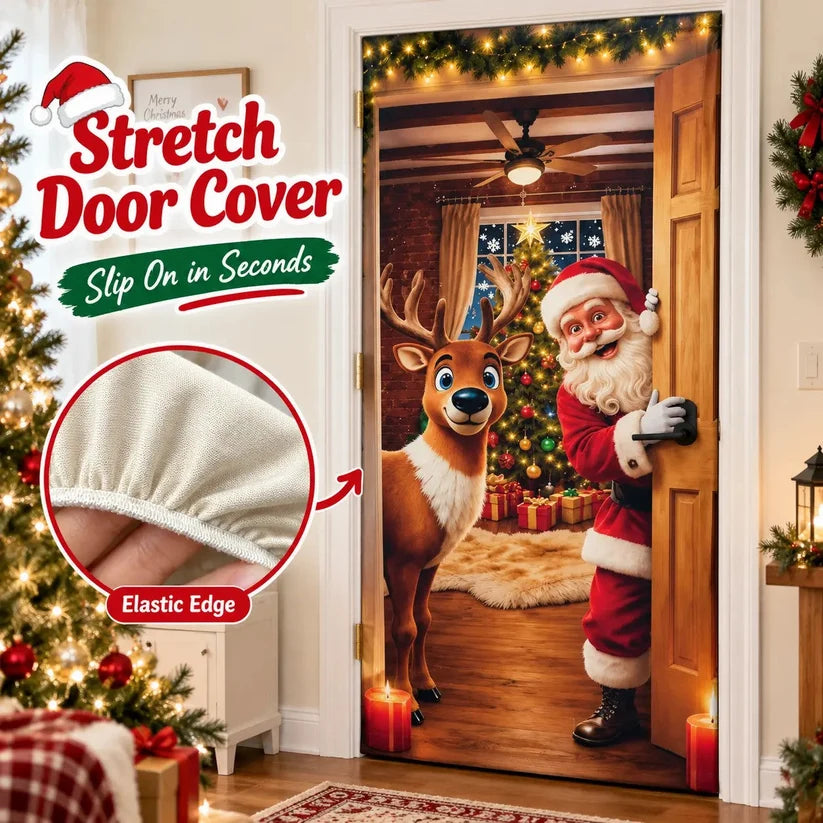 Christmas Door Cover - Stretch Fit Santa & Reindeer Door Decoration with 4-Side Elastic Edges🎅