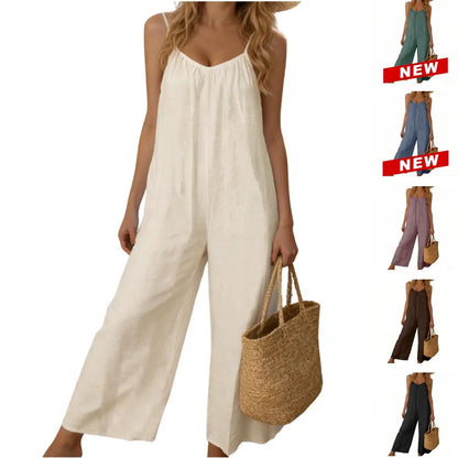 Tanming Women's Chic Sleeveless Spaghetti Strap Backless Tie-Back Long Wide-Leg Overalls Jumpsuits - Side Pockets, Casual Loungewear, Fashion Clothing, Stylish Wear, Women's Clothes, Rompers For Women
