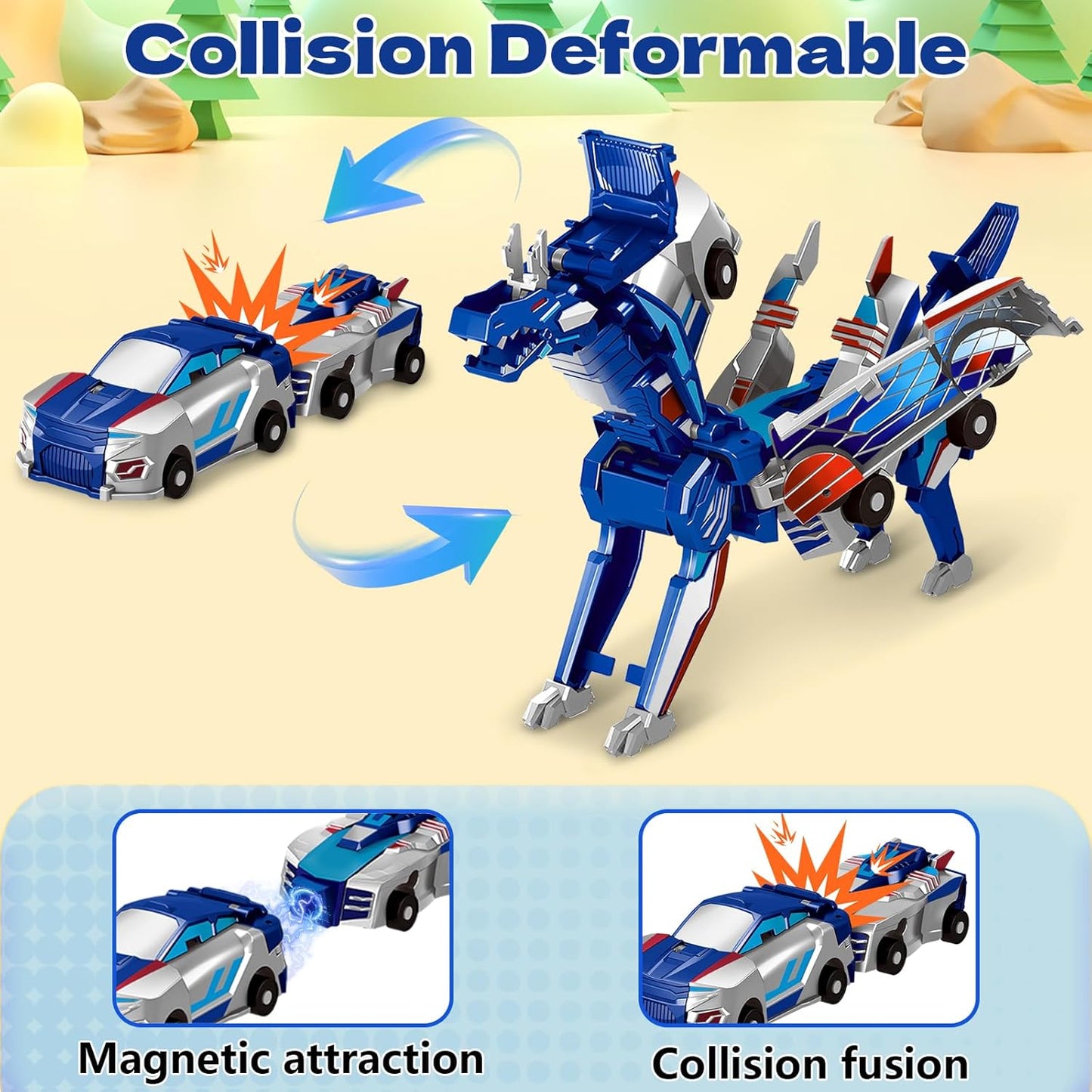 Collision Transforming Dinosaur Car Toy, 2 Magnetic Cars Transform into Dinosaur Toys for Kids Toddler Fun Deformation Robot Dino Car Christmas Birthday Gift Toys for Boys Girls
