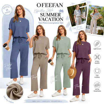 Two Piece Sets for Women Summer Outfits Oversized Wide Leg Crop Pants Lounge Sets Airport Beach Vacation Clothes |(Size Up 1-2 for Oversized Look) Casual Shortsleeve