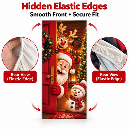 Christmas Door Cover - Stretch Fit Santa & Reindeer Door Decoration with 4-Side Elastic Edges🎅
